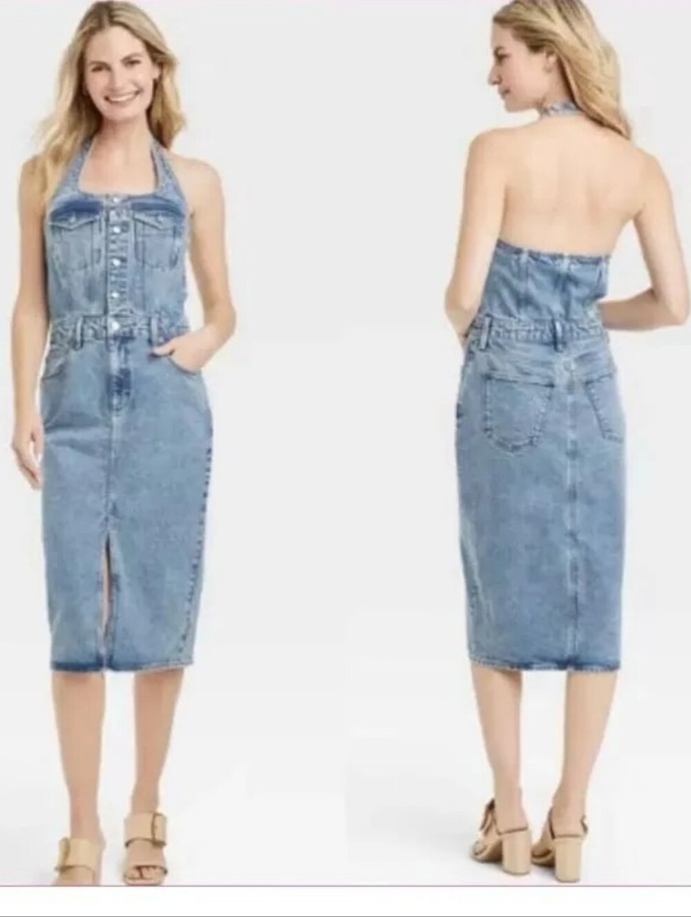 Universal Thread Light Blue Denim Backless Halter Midi Dress